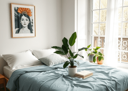 Minimalist bedroom featuring a simple bed frame next to a window adorned with potted plants, showcasing cozy and modern design elements ideal for Airbnb or guest bedroom ideas.