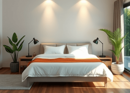 Large Tulum style bedroom featuring a wooden bed at the center, with high ceilings and two potted plants, inspired by natural wood and Scandinavian decor elements.