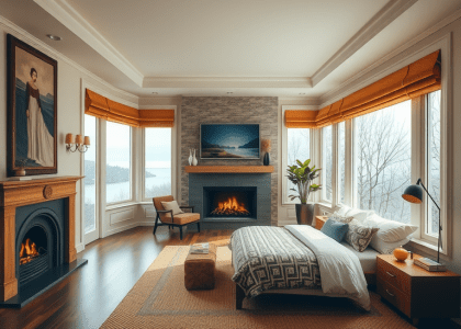 Cozy boho bedroom with a fireplace and large windows, featuring earthy decor and minimalist organic elements, ideal for promoting bright and inviting guest room ideas.