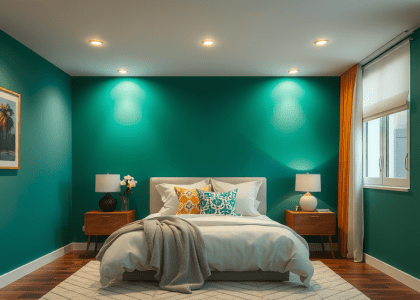 "Cozy forest-themed bedroom with green walls and ceiling lights, showcasing dreamy room vibes and home decor inspiration."