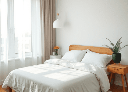 Neatly made bed in a beige bedroom with tropical decor, featuring a wall plant, showcasing Hawaiian condo interior design and beachy apartment aesthetic.