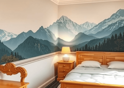"Cozy bedroom featuring a mountain scene mural beside a bed and desk, showcasing a forest cabin theme with black wall accents and blue bedroom walls"