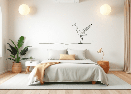 Minimalist bedroom design featuring a simple line drawing of a crane on a textured wall, light wood flooring, and a soothing beige and white color palette with soft diffused lighting, creating a serene and elegant retreat with natural materials.