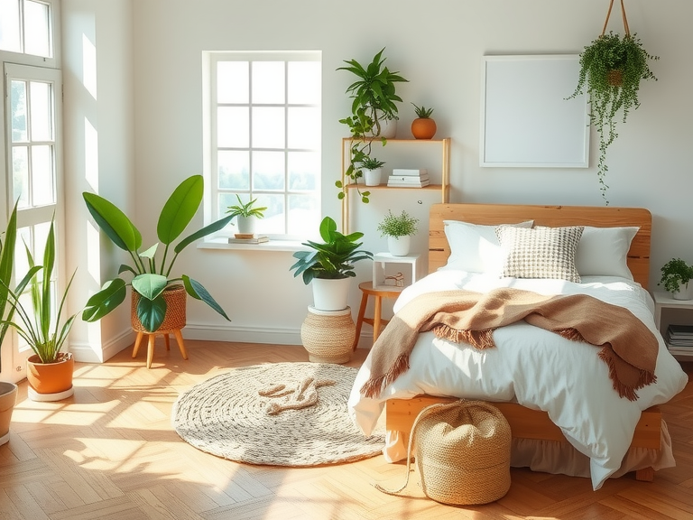 Neatly made bed in an earthy home aesthetic bedroom with decorative plants, showcasing a blend of farmhouse and minimalist interior design elements.