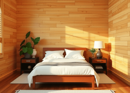Japandi style bedroom featuring wooden walls and flooring, a cozy bed, indoor planters, and two minimalist nightstands, embodying a blend of Japanese and Scandinavian design elements in a Tokyo apartment setting.