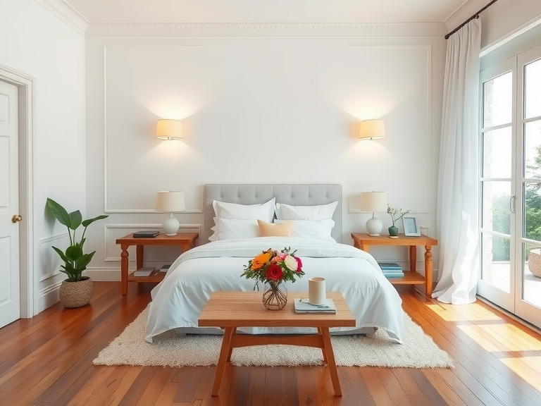 Scandinavian bedroom featuring white walls and wooden floors, two stylish lamps above the bed, and a cozy coffee table, perfect for minimalist and hygge home inspiration.