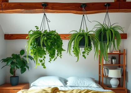 A beautifully designed jungle-themed bedroom featuring lush green plants, ambient ceiling lights hanging from wooden beams, creating a serene rainforest vibe.