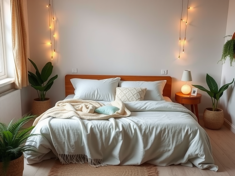 Cozy bedroom featuring soft blankets, lush greenery, and warm fairy lights in a natural, boho-inspired design that creates a restful retreat, perfect for a refreshing home vibe. Ideal for clean earthy and nature bedroom aesthetics with rustic charm and calming touches.