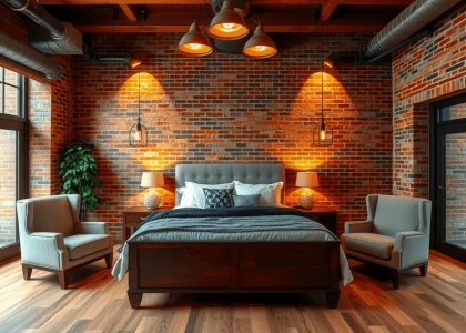 Industrial bedroom featuring brick walls and wooden floors, exposed lighting, a large bed, and two armchairs, showcasing rustic industrial style with a dark moody decor.