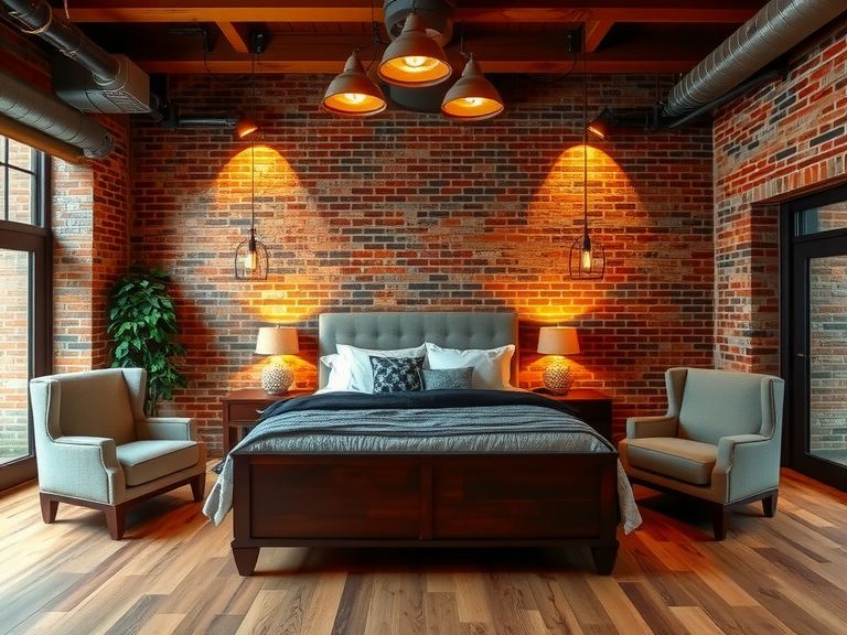 Industrial bedroom featuring brick walls and wooden floors, exposed lighting, a large bed, and two armchairs, showcasing rustic industrial style with a dark moody decor.
