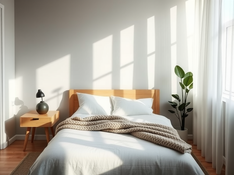 Scandinavian bedroom design with soft gray walls, natural wood accents, low-profile bed with linen duvet and chunky knit throw, minimalist light oak bedside tables with handmade ceramic lamps, sheer curtains allowing sunlight, cozy reading nook with potted plant for a serene retreat.
