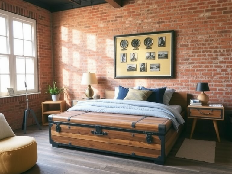 Industrial bedroom featuring exposed brick walls, wooden furniture, and a unique bed made from old trunks, showcasing a rustic yet modern industrial chic aesthetic with polished concrete flooring.