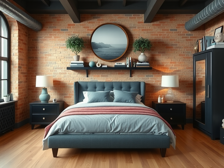 Industrial style bedroom featuring exposed brick walls, a black metal bed frame, and leather upholstered headboard, showcasing minimalist design with an office area, balcony access, and a contemporary London editorial aesthetic.
