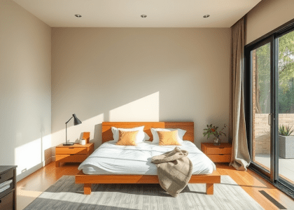 Large Japandi-style bedroom featuring a minimalist design with a bed positioned near a sliding glass door, accented by earthy tones and light wood flooring for a serene and luxurious atmosphere.