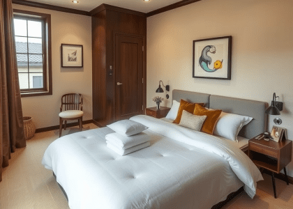 Japandi bedroom interior design featuring a neutral color palette with a pop of color, showcasing hotel-style sleeping room ideas, Japandi-inspired aesthetics, and elegant decor elements.