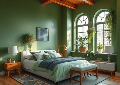 A serene bedroom featuring green walls adorned with plants, a large bed, and stylish decor elements such as layered rugs and boho accents, perfect for modern masters and small room inspirations.