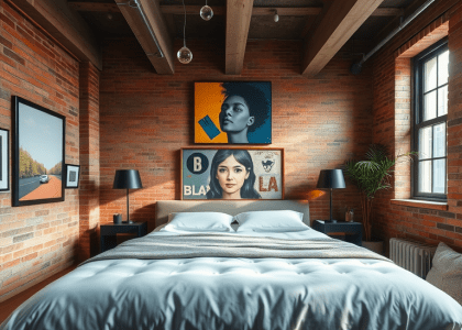 Industrial bedroom featuring exposed brick walls and a high ceiling, large bed in the foreground, and stylish artwork enhancing the cozy dark aesthetic. Perfect for brick bedroom ideas and industrial chic interior design.