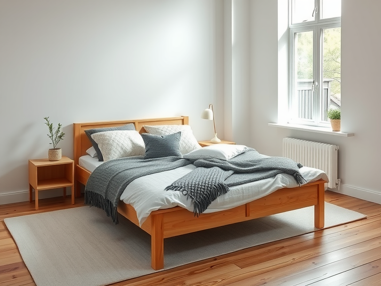 Scandinavian bedroom featuring soft white walls, a light oak bed frame, cozy gray textiles, a knitted throw, minimalist nightstands with potted plants, and a large window allowing natural light to enhance the wooden floors.