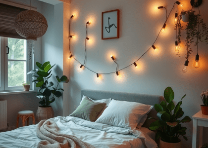 Cozy boho bedroom featuring green bedding, plants, and decorative lights on the wall, showcasing traditional and contemporary styles for stylish bedroom inspiration.