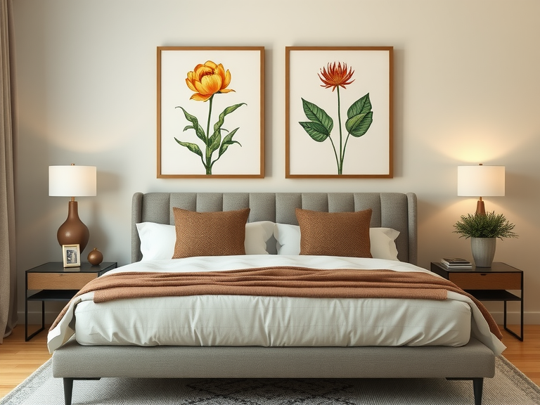 "Cozy bedroom featuring a large bed with beige bedding, adorned with two plant paintings above the headboard, reflecting a minimalist boho decor style and a neutral color palette in earthy tones."