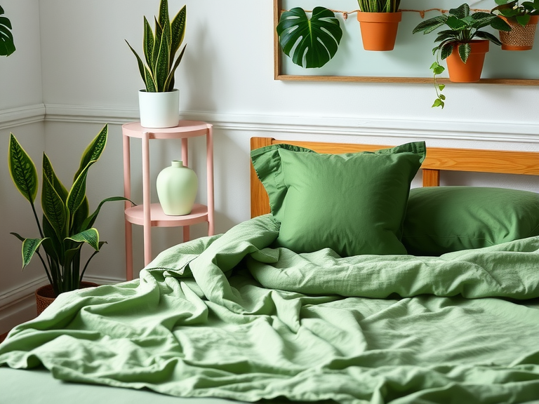 A cozy bedroom featuring a bed with green sheets and pillows, surrounded by potted plants on the wall, showcasing Boho beachy decor and small bedroom decoration ideas.