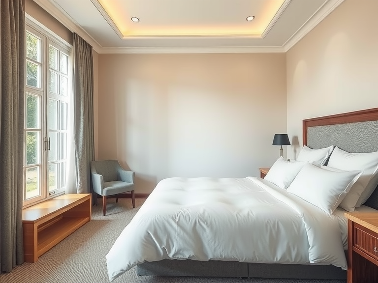 Cozy bedroom featuring a large bed with white sheets, decorated with stylish wall art above the bed, showcasing an organic apartment aesthetic, influenced by India architecture, highlighting attic room design elements, ideal for future bedroom ideas in an NYC apartment.