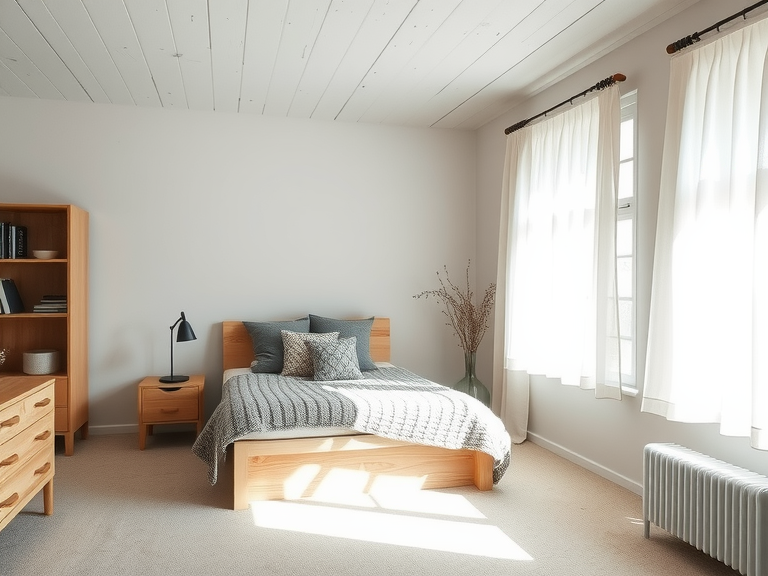 Scandinavian bedroom with whitewashed wood ceiling, pale gray walls, low-profile bed with chunky knit blanket and plush earthy cushions, natural wooden nightstand and bookcase, minimalistic decor, and large window with sheer curtains, creating a cozy and inviting atmosphere.