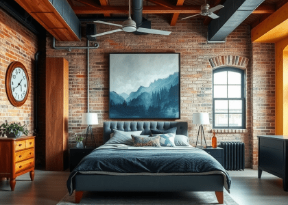 Industrial bedroom featuring brick walls and exposed ceilings, adorned with a large painting above the bed, showcasing street style and loft design elements. Perfect for industrial home enthusiasts and those seeking inspiration for Tennessee house interiors and loft office designs.