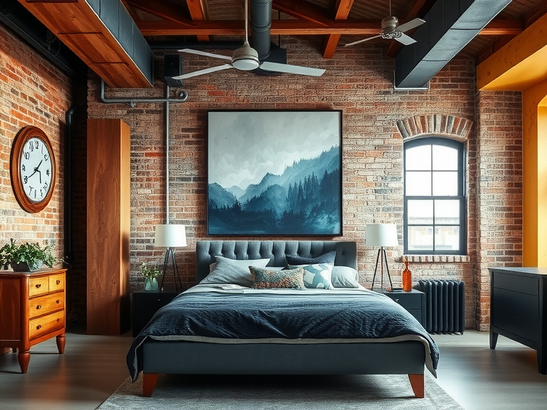 Industrial bedroom featuring brick walls and exposed ceilings, adorned with a large painting above the bed, showcasing street style and loft design elements. Perfect for industrial home enthusiasts and those seeking inspiration for Tennessee house interiors and loft office designs.