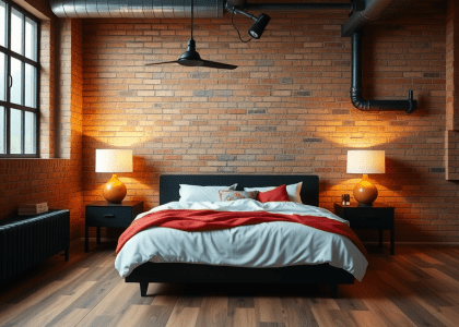 Industrial bedroom featuring exposed brick walls and wooden flooring, furnished with a large bed, embodying modern industrial design and cozy aesthetics, perfect for a stylish loft environment.