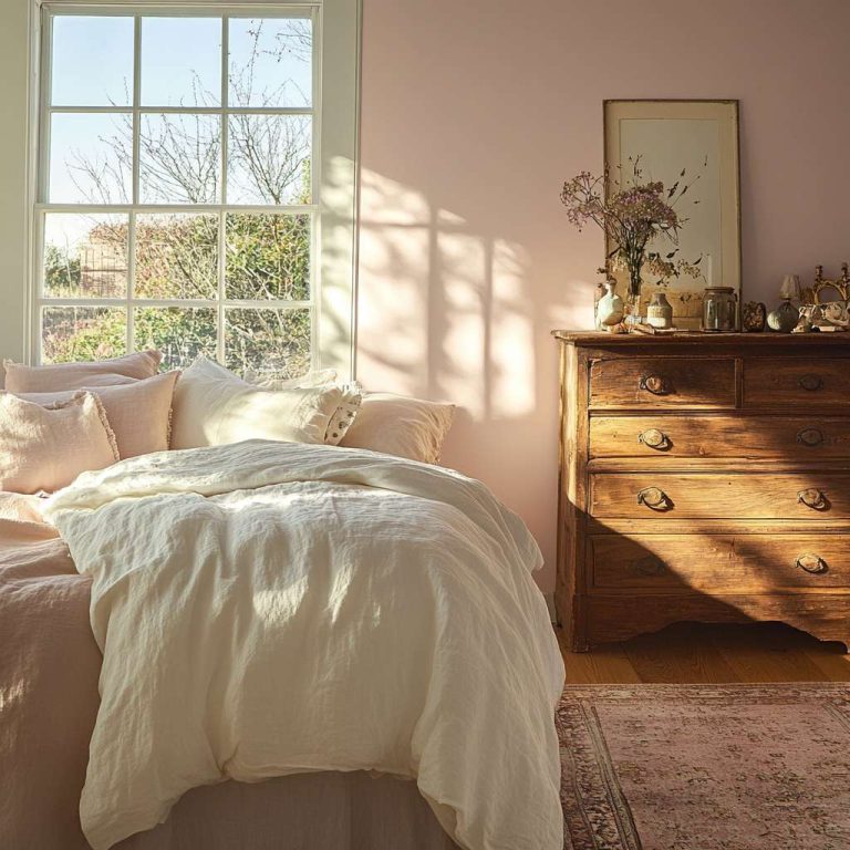 Modern French country bedroom with sunlight through large window, pink-hued walls, weathered oak bed frame with fluffy white duvet and pastel pillows, antique reclaimed wood dresser with trinkets, and plush area rug for a tranquil relaxation haven.