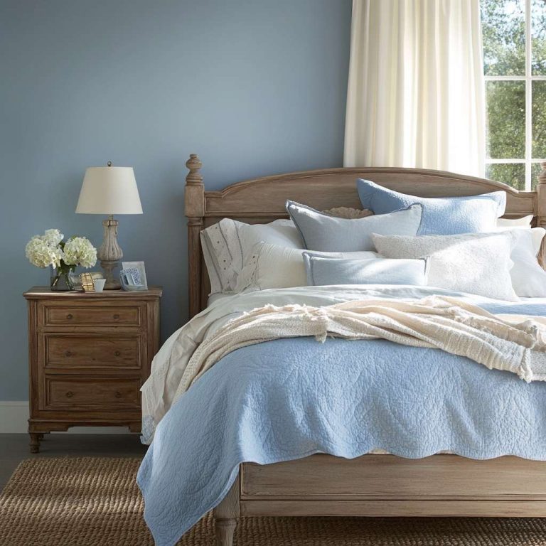 Modern French country bedroom with soft blue walls, sturdy wooden bed, layered cream and blue bedding, rustic vintage bedside table, woven jute rug, and sunlight streaming through billowy curtains.