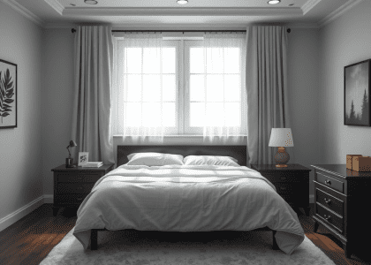 Luxurious bedroom featuring a bed in the center, illuminated by natural light through sheer curtains, showcasing a minimalist and Zen-inspired design perfect for boho aesthetics and small space ideas.