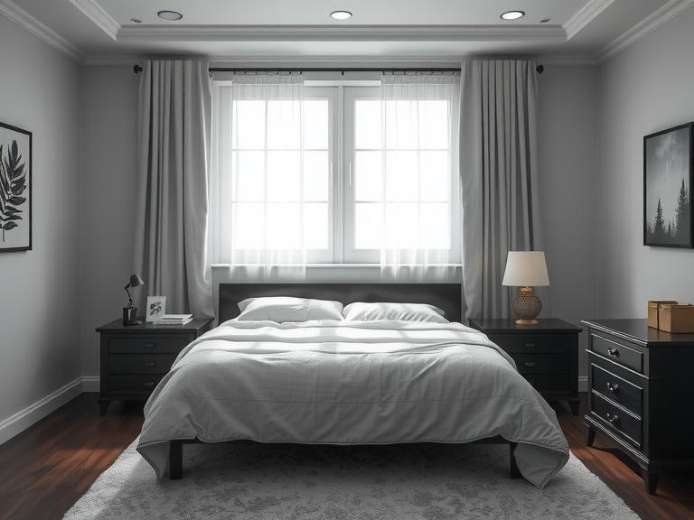 Luxurious bedroom featuring a bed in the center, illuminated by natural light through sheer curtains, showcasing a minimalist and Zen-inspired design perfect for boho aesthetics and small space ideas.
