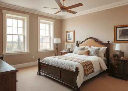 A spacious neutral bedroom featuring a large bed with beige decor on the walls, complemented by two windows, showcasing a cozy and calming atmosphere ideal for relaxation and tranquility.