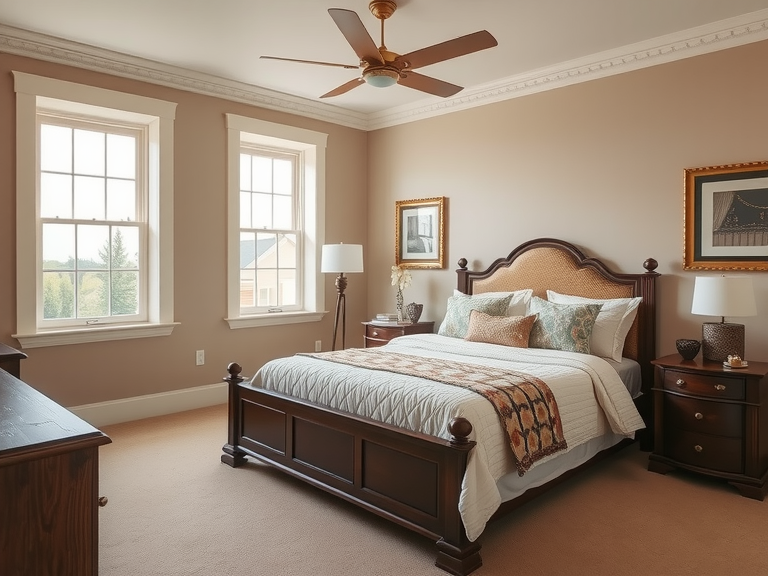 A spacious neutral bedroom featuring a large bed with beige decor on the walls, complemented by two windows, showcasing a cozy and calming atmosphere ideal for relaxation and tranquility.