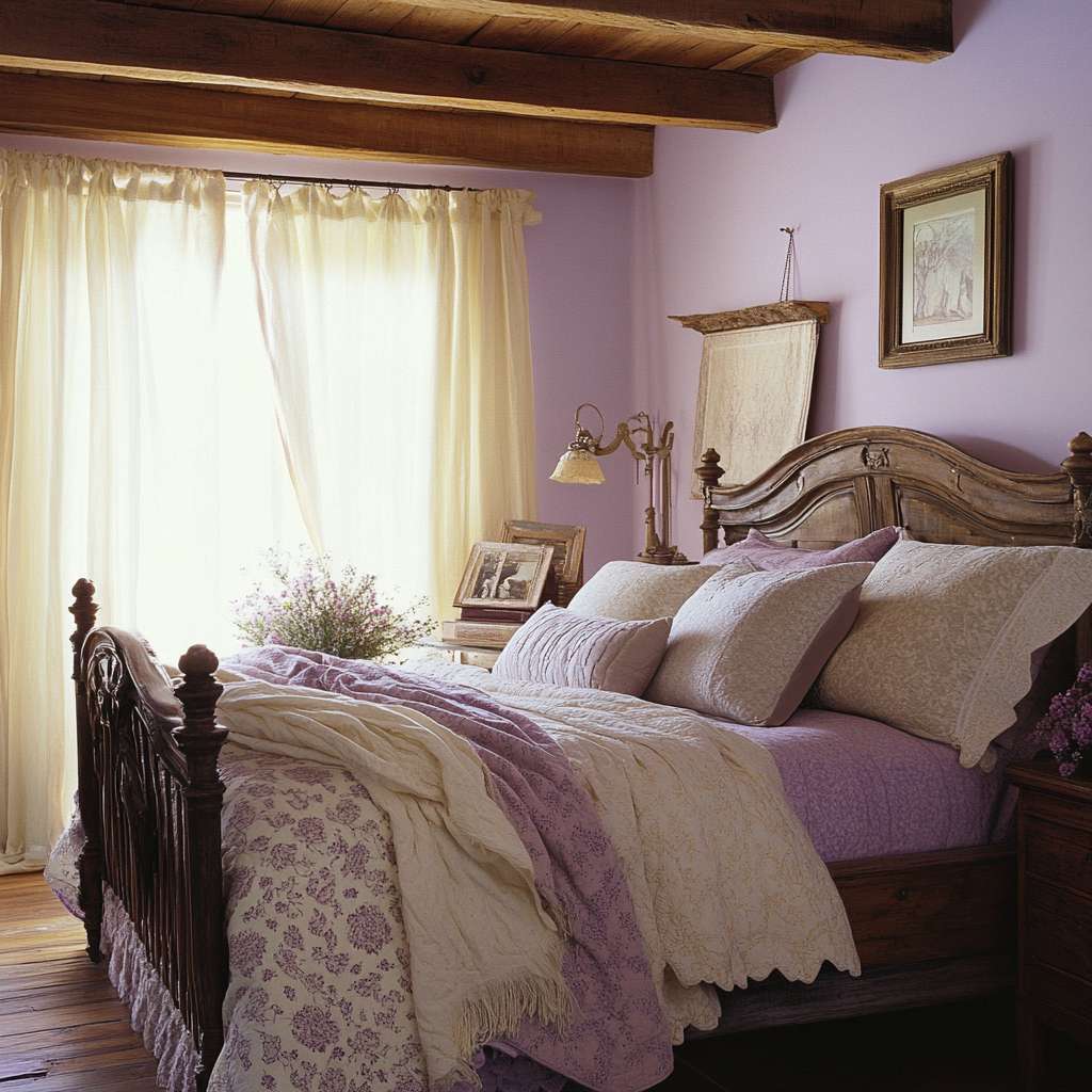 Elegant modern French country bedroom with soft purple walls, rustic wooden bed frame topped with a plush quilt in lavender and cream, sheer curtains allowing warm light, vintage decor, and cozy wooden floorboards.