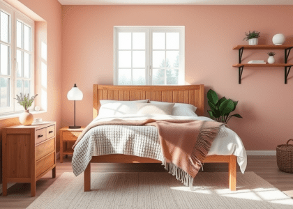 Scandinavian bedroom with soft pink walls, natural light from wide windows, wooden bed with cozy knit and linen throws, distressed wood bedside table and open shelving with potted plants and ceramic trinkets, neutral-toned rug underfoot.