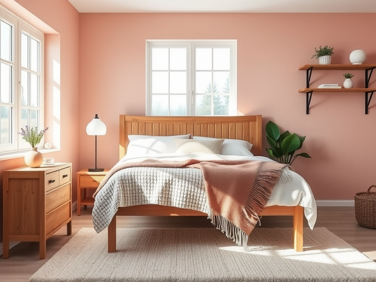 Scandinavian bedroom with soft pink walls, natural light from wide windows, wooden bed with cozy knit and linen throws, distressed wood bedside table and open shelving with potted plants and ceramic trinkets, neutral-toned rug underfoot.