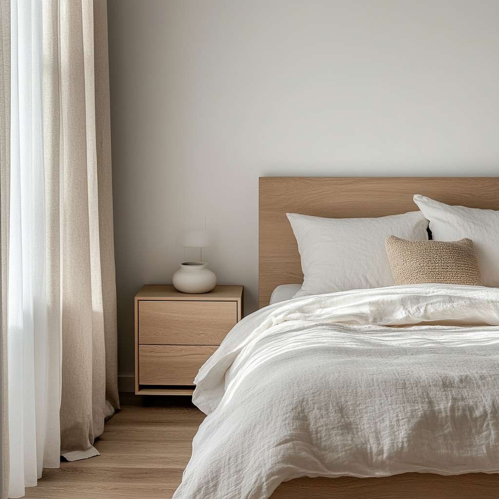 Minimalist bedroom with soft beige walls, wooden bed frame, lightweight white duvet, single decorative pillow, natural wood bedside table, ceramic lamp, and sheer curtains filtering morning light.