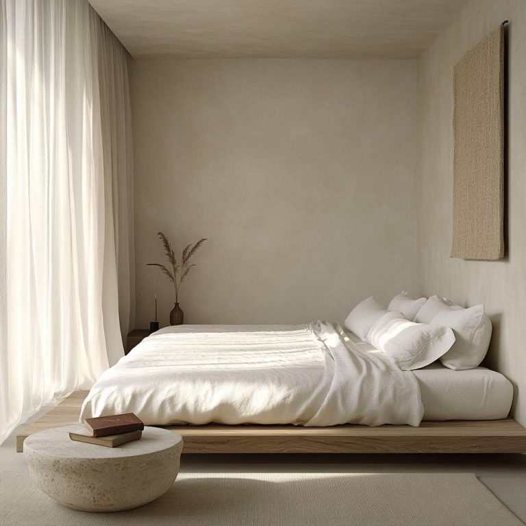 Minimalist bedroom with a light wood bed against a beige wall, featuring white linens and earth-toned throw pillows, a natural stone side table with a vintage book and lamp, and sheer curtains allowing natural light to create a serene atmosphere.
