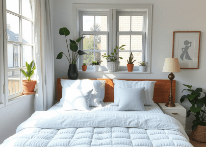Cozy wood and cream bedroom with a neatly made bed, surrounded by greenery from plants on the window sill, featuring light wood furniture and wooden flooring for a bright and airy atmosphere.