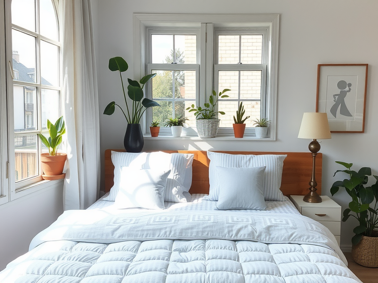 Cozy wood and cream bedroom with a neatly made bed, surrounded by greenery from plants on the window sill, featuring light wood furniture and wooden flooring for a bright and airy atmosphere.