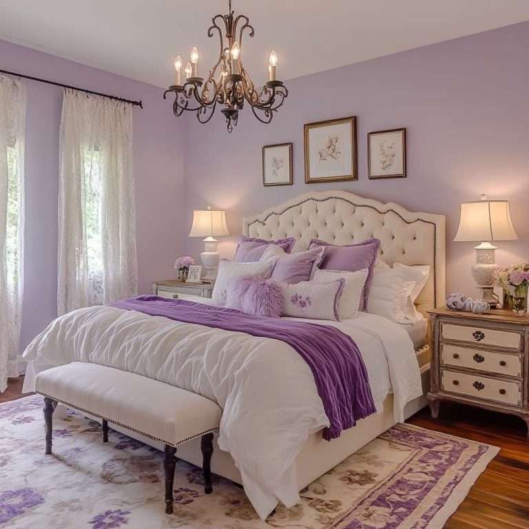 "Modern French country bedroom with soft lavender walls, polished wooden flooring, large upholstered bed with white linens and purple accents, wrought iron chandelier, antique side tables with porcelain lamps, lace-trimmed curtains, and a plush area rug."