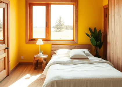 Scandinavian bedroom in cheerful yellow with light wood accents, stylish bed in soft textured linens, minimalist reclaimed wood nightstand with potted plant, large natural wood-framed windows letting in afternoon sunlight, cozy atmosphere with rustic charm and vibrant color.