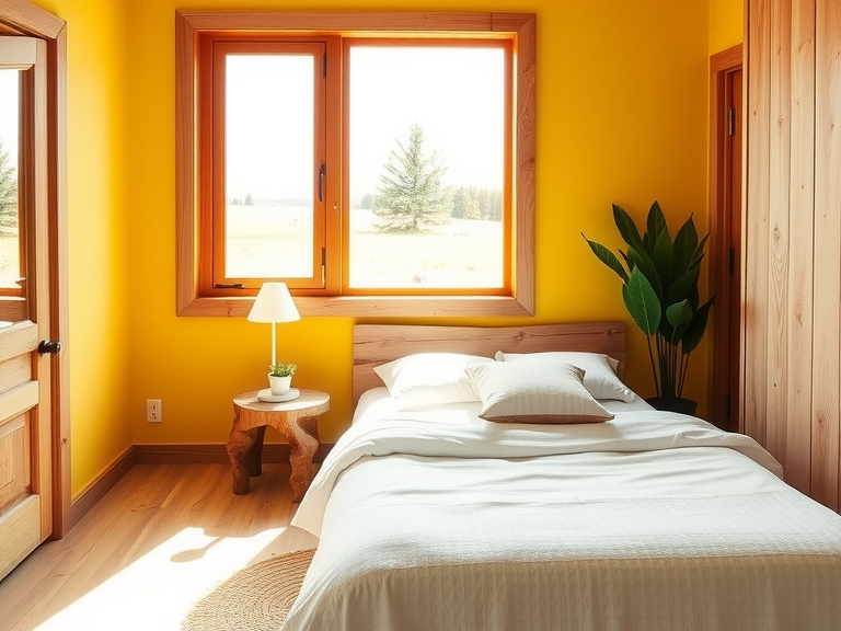 Scandinavian bedroom in cheerful yellow with light wood accents, stylish bed in soft textured linens, minimalist reclaimed wood nightstand with potted plant, large natural wood-framed windows letting in afternoon sunlight, cozy atmosphere with rustic charm and vibrant color.