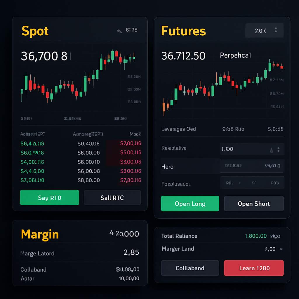 A dynamic, multi-panel dashboard interface showcasing key Binance trading features in 2025. One panel displays a sleek Spot trading interface with candlestick charts and order books. Another panel shows a sophisticated Futures trading view with leverage indicators and perpetual contract details. A third panel subtly hints at Margin trading with collateral and loan elements. Dominant colors: Binance yellow, dark mode greys, and vibrant chart colors (green/red). Style: Photorealistic UI elements with a slightly futuristic, clean aesthetic. Focus on clarity and advanced functionality.
