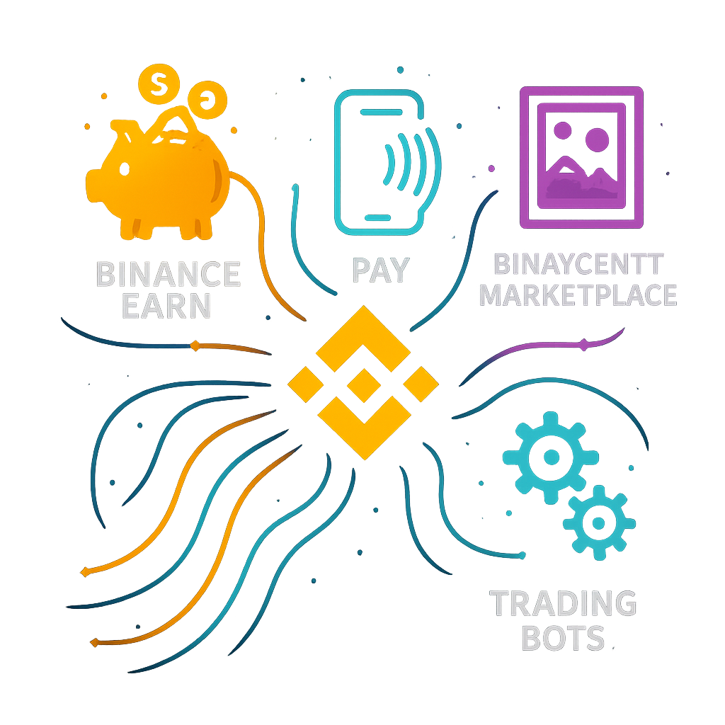 A vibrant, interconnected network graphic. A central Binance logo branches out to distinct, modern icons representing Binance Earn (stylized piggy bank with crypto symbols), Binance Pay (contactless payment symbol with a phone), Binance NFT Marketplace (digital art frame icon), and Trading Bots (gears/automation symbol). Each icon is connected by flowing data streams, symbolizing a cohesive and diverse ecosystem. Style: Modern flat design with glowing accents, bright and engaging colors (Binance yellow, teal, purple). Mood: Expansive, innovative, user-friendly.