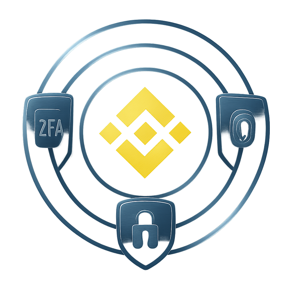 A strong visual metaphor for Binance account security. A central, glowing Binance logo is protected by multiple concentric, transparent shields. Each shield is subtly embedded with clear icons representing security measures: a 2FA symbol (authenticator app icon), a fingerprint (biometrics/KYC), a robust padlock (strong password), and a whitelisted address icon (approved list). The background is a secure, digital matrix with subtle blockchain patterns. Style: Sleek, modern, tech-focused illustration with a sense of robust protection. Colors: Binance yellow, secure blues, and silver/grey for shields.