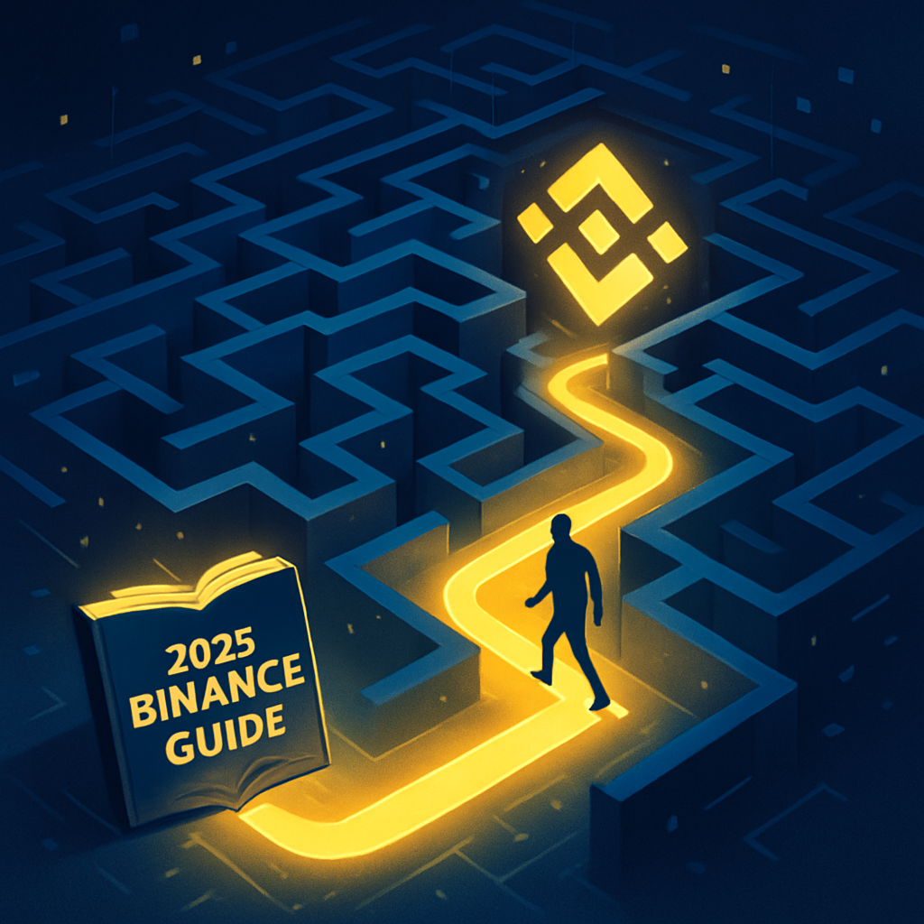 A stylized, isometric 3D render of a complex, futuristic digital labyrinth representing the Binance platform. A bright, glowing path, guided by an open book with '2025 Binance Guide' on its cover, cuts through the maze, leading a user silhouette towards a central, illuminated Binance logo. The scene evokes clarity, guidance, and mastery over complexity. Colors: Binance yellow, deep blues, and vibrant digital highlights. Mood: Empowering, insightful.